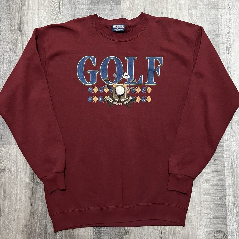 VTG Golf Sweatshirt 90s Maroon Red Crewneck Argyle Van Huesen Golfing Sz L DAD